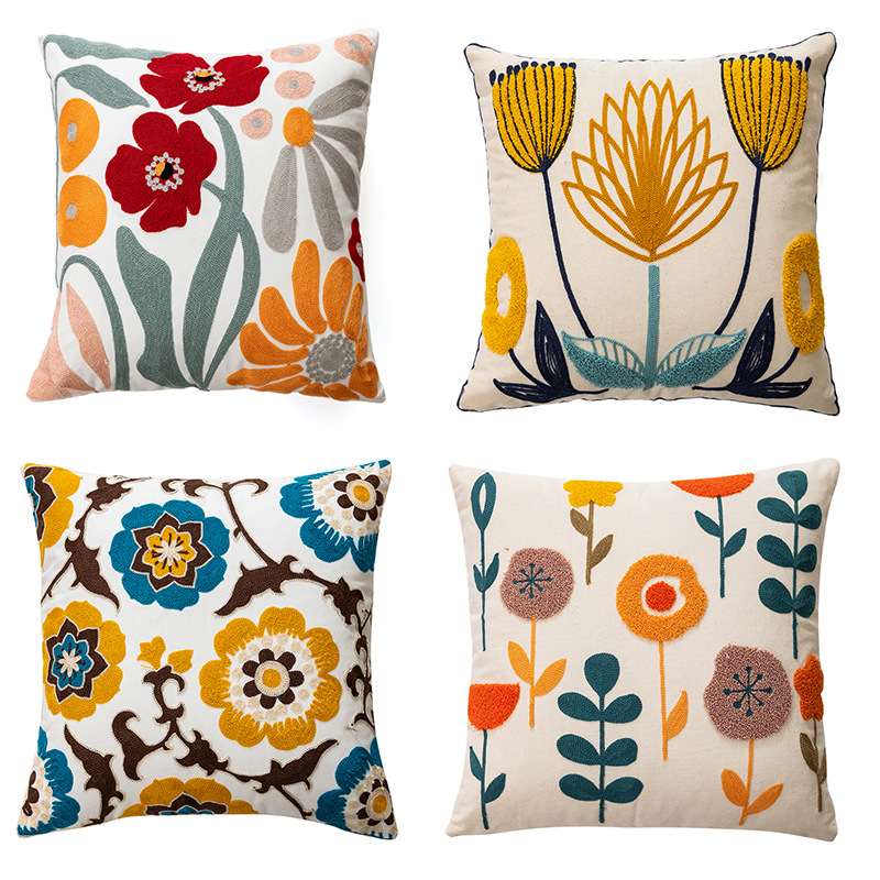 Embroidered Flower Plant Pillow